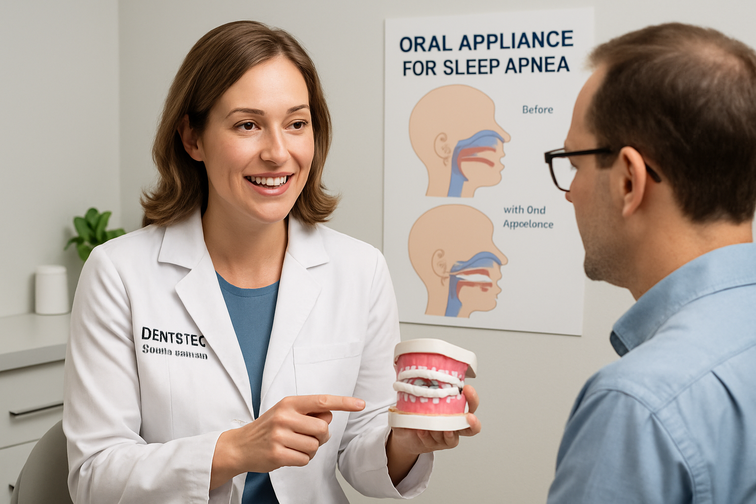 Dentist consulting with patient about oral appliance fitting and treatment plan