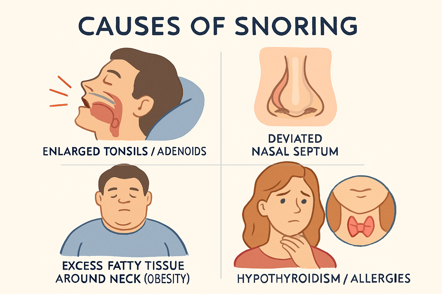 Medical diagram showing various anatomical and health conditions that can cause snoring