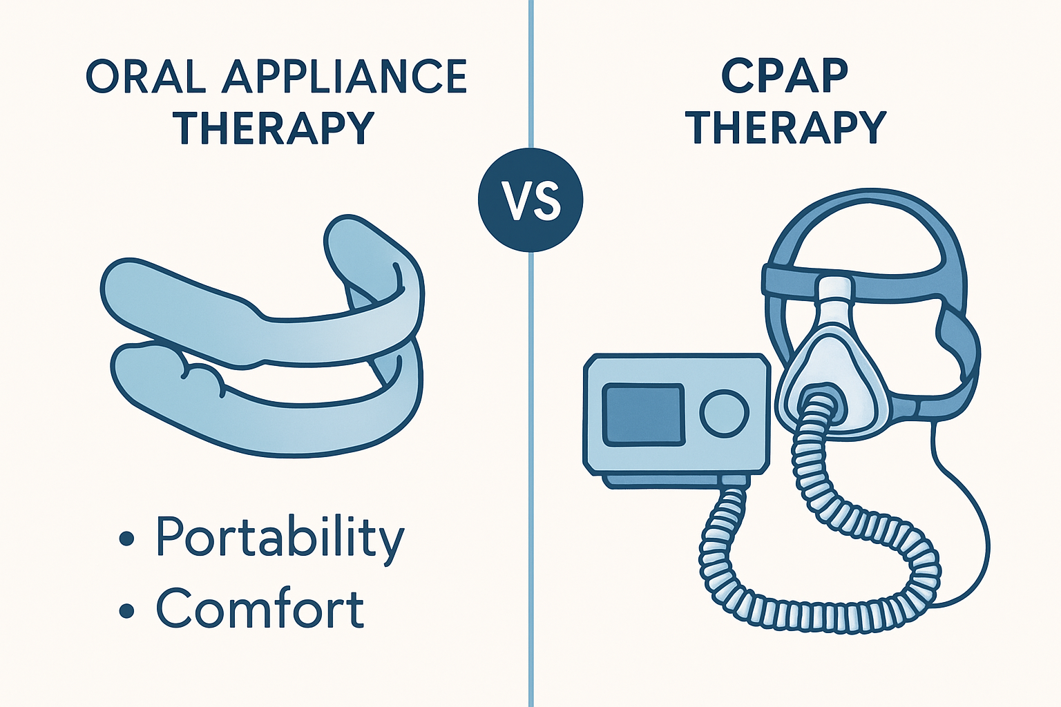 Comparison chart showing oral appliance therapy vs CPAP therapy benefits and considerations
