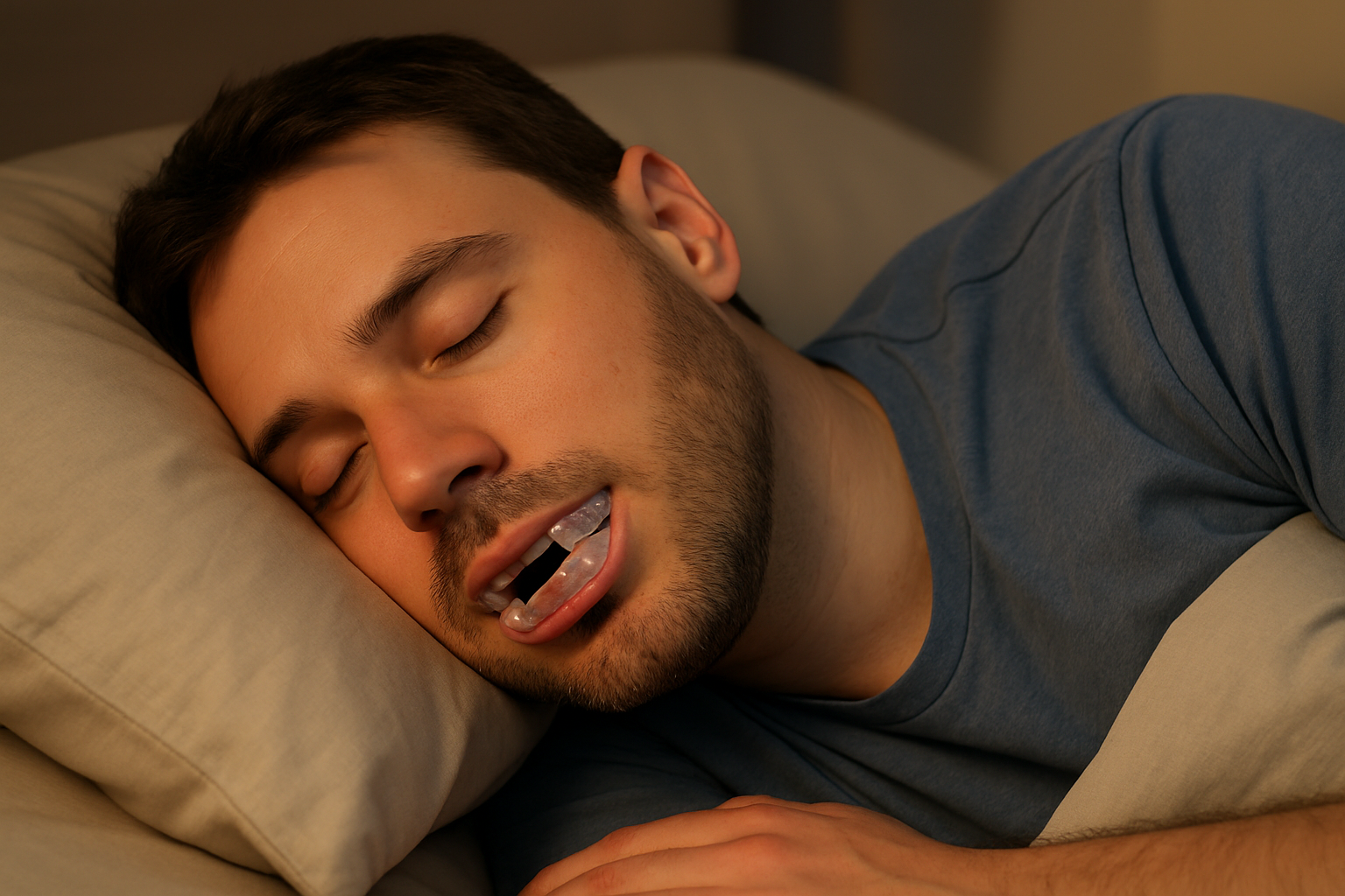 Person sleeping with oral appliance in place, showing how it keeps the airway open