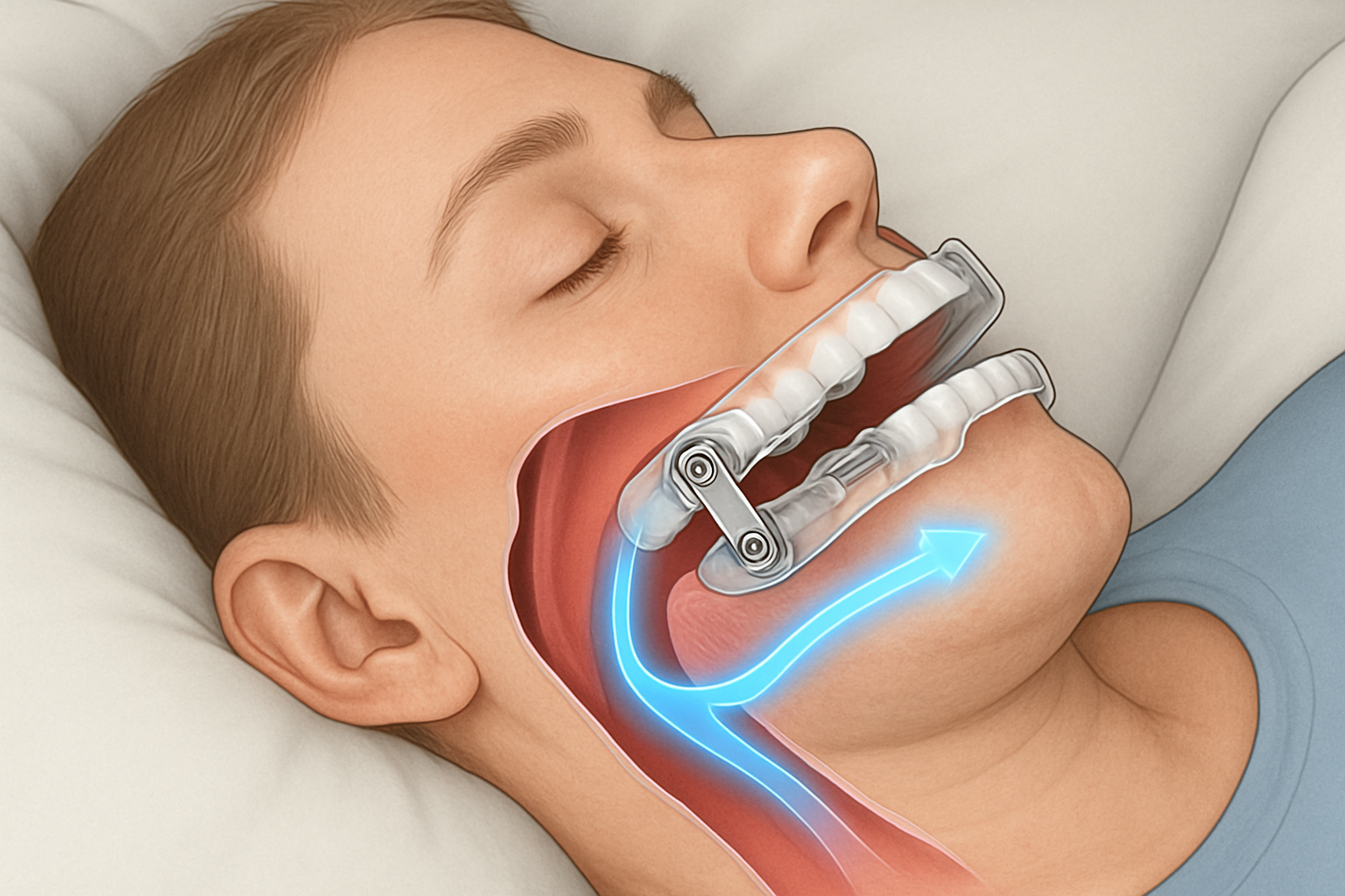 Custom oral appliance for sleep apnea treatment showing mandibular advancement device
