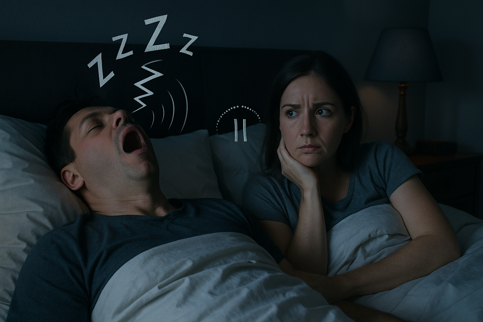 Person experiencing nocturnal sleep apnea symptoms including snoring and breathing pauses