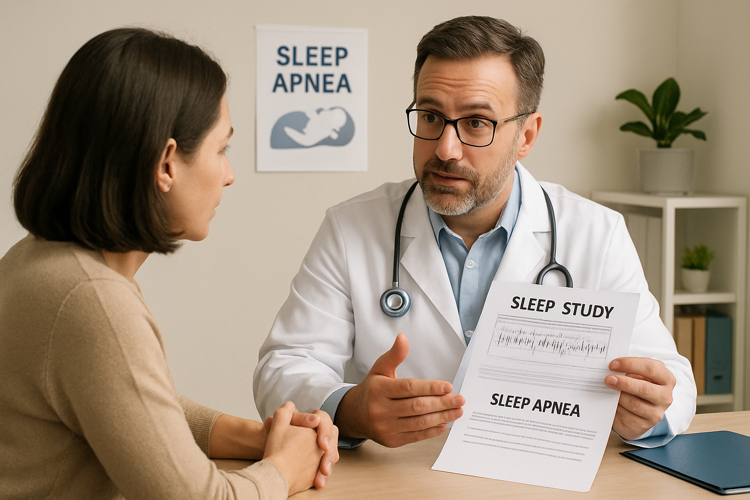 Person consulting with healthcare professional about sleep apnea symptoms and seeking diagnosis