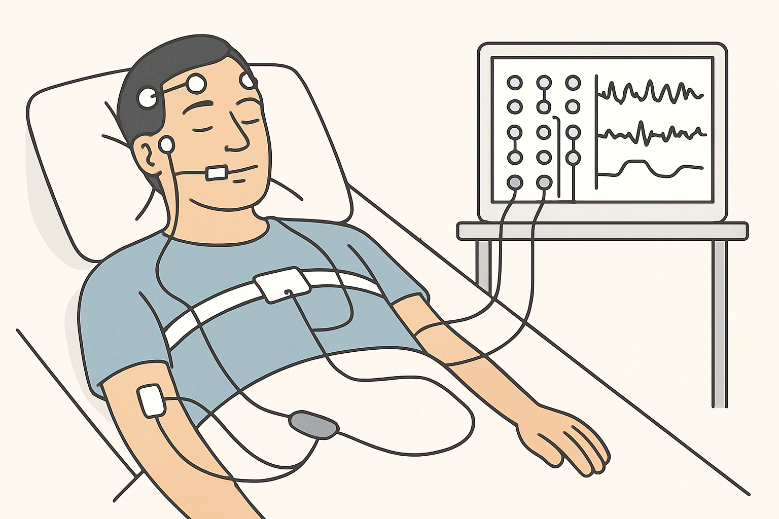 Sleep study setup showing monitoring equipment for diagnosing sleep apnea