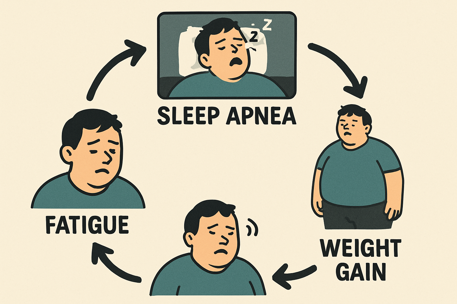 Diagram showing the vicious cycle between sleep apnea and obesity, illustrating how each condition worsens the other