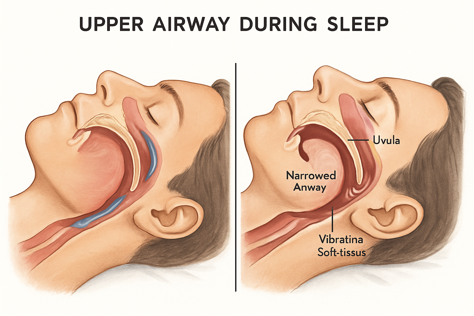 Medical illustration showing the mechanism of snoring and airway obstruction during sleep