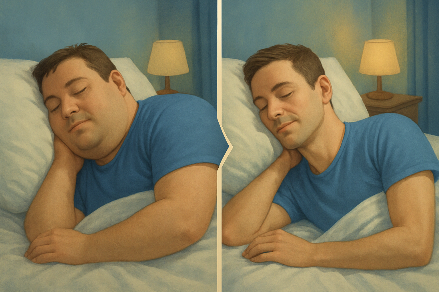 Before and after illustration showing how weight loss improves sleep apnea symptoms and airway patency